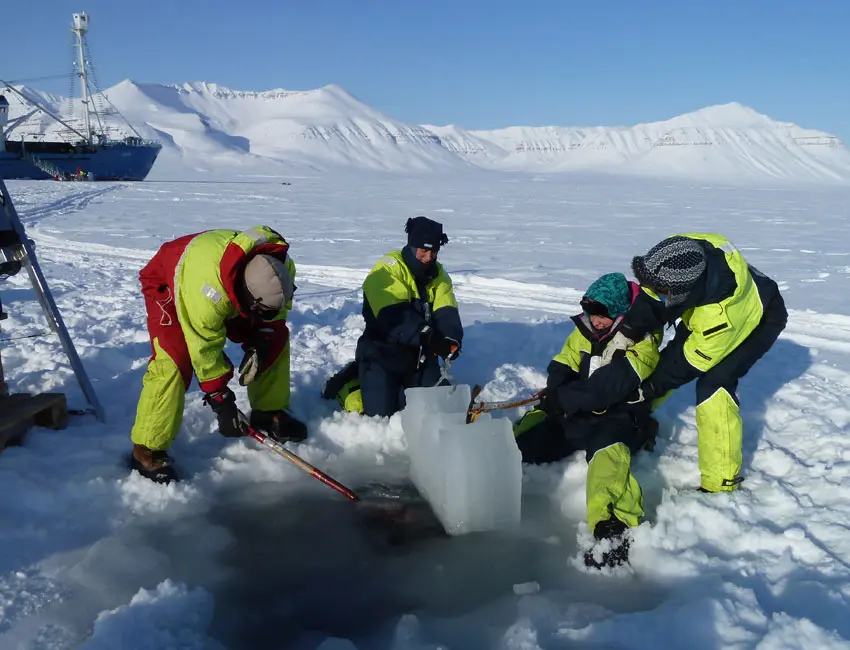 Sampling sea ice in Dicksonfjorden Svalbard