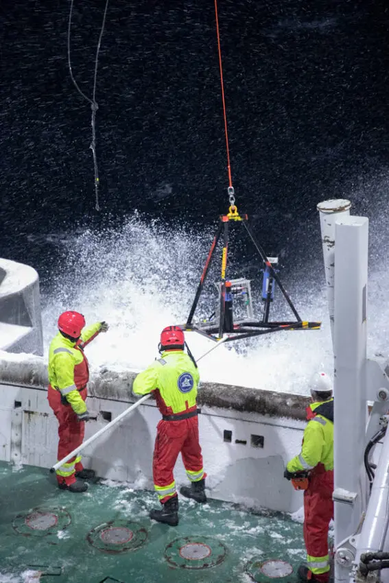 Avkaplan-niva’s lander is hoisted back up on board after spending 14 days on the seafloor. Photo: Daniel Albert/SINTEF