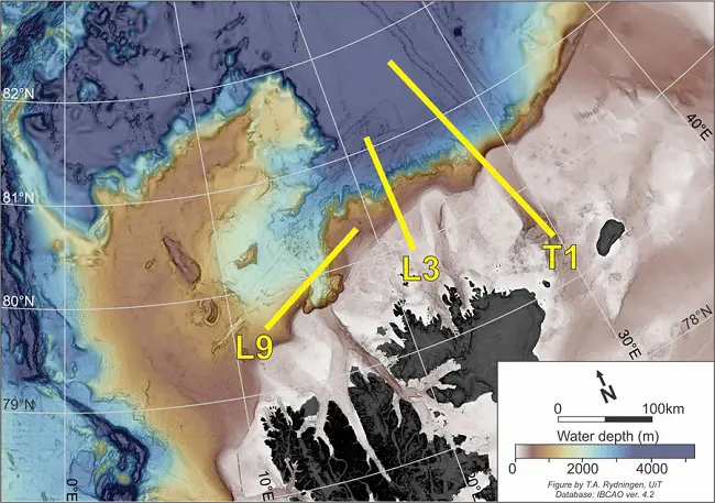 RV Kronprins Haakon carried out seismic profiles along these three lines. The T1 line was the subject of a seismic refraction survey; a time-consuming process. First, ocean bottom seismometers are placed on the sea floor, along the whole line. Then, the ship sails along the line while an airgun sends sound and pressure waves to the sea floor.