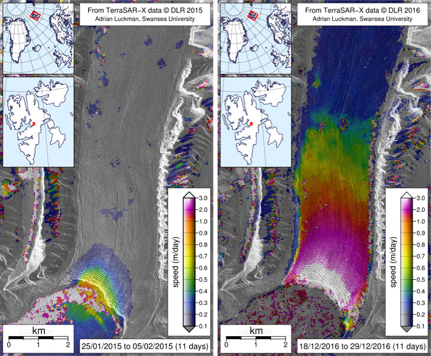  Glacier speed measured by Adrian Luckman using TerraSAR-X satellite data. Winter speed in 2015 (left) and in December 2016 (right).